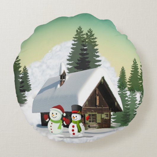 クリスマスの雪だるまの情景 ラウンドクッション (裏面)