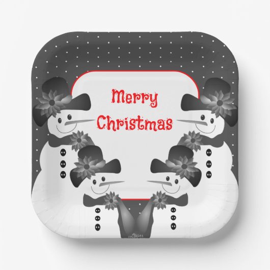 クリスマスの雪だるまスクエアデザイン ペーパープレート (正面)