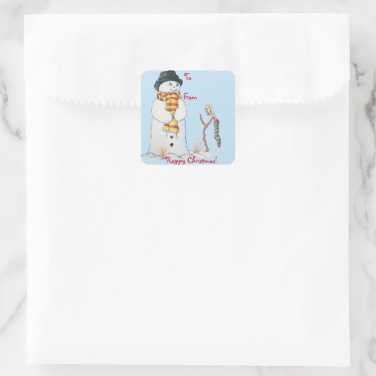 クリスマスの雪だるま笑顔の可愛い雪景色 スクエアシール (バッグ)