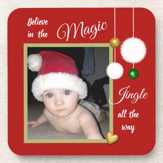 クリスマスの雪だるま赤い写真 コースター (正面)