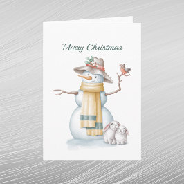 クリスマスの雪だるま ウサギ 鳥 帽子 水彩画 シーズンカード