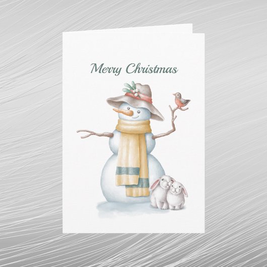 クリスマスの雪だるま ウサギ 鳥 帽子 水彩画 シーズンカード