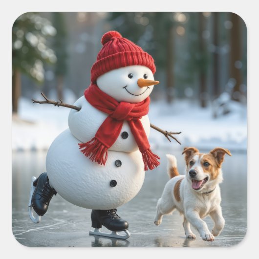 クリスマスの雪だるま 犬といっしょにアイススケート スクエアシール (正面)
