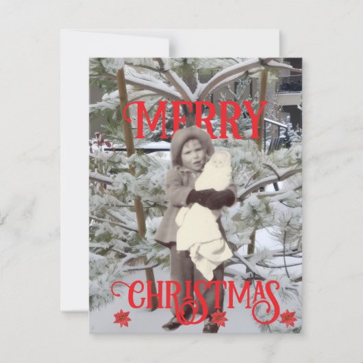 クリスマスの雪とポインセチアの写真 カード (正面)