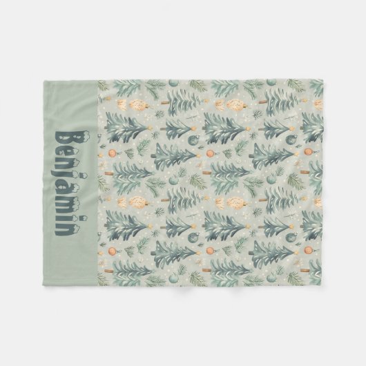 クリスマスの雪と木のコケの名前で緑 フリースブランケット (正面(横))