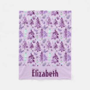 クリスマスの雪と木の紫とピンクと名前 フリースブランケット