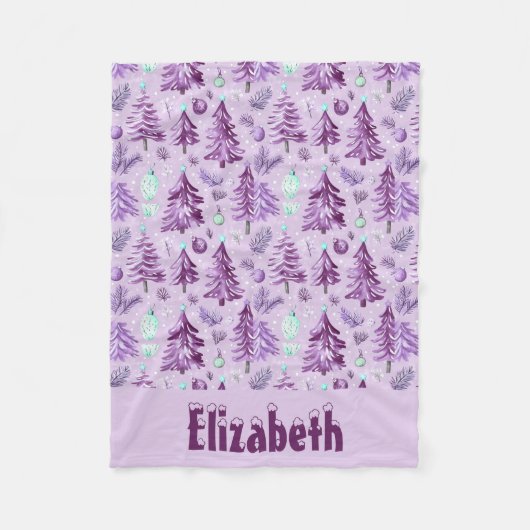 クリスマスの雪と木の紫とピンクと名前 フリースブランケット (正面)