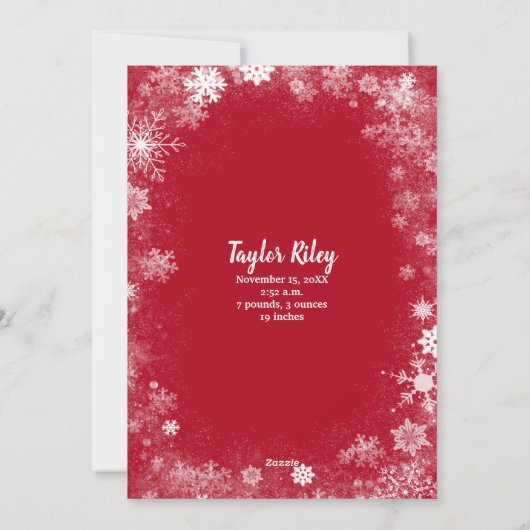 クリスマスの雪のかけら写真の誕生アナウンス シーズンカード (裏面)