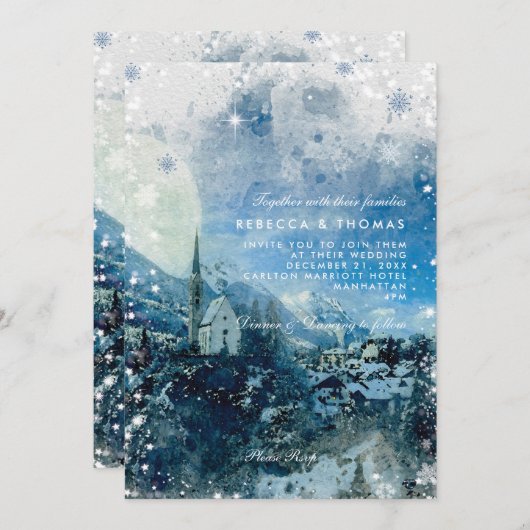 クリスマスの雪のシーン冬の結婚休日 招待状 (正面/裏面)