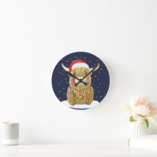 クリスマスの雪のスコットランドの高地牛 ラウンド壁時計 (ホーム)