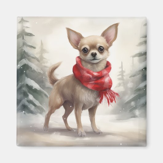 クリスマスの雪の中のチワワ マグネット (正面)
