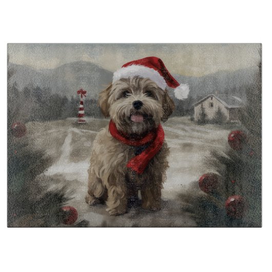 クリスマスの雪の中のヨーキプー犬 カッティングボード (正面)