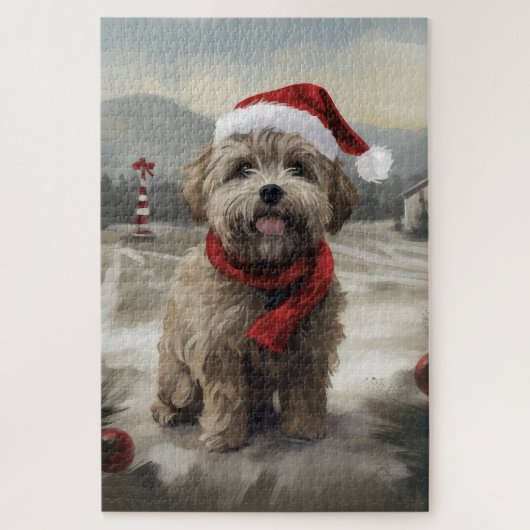 クリスマスの雪の中のヨーキプー犬 ジグソーパズル (縦)