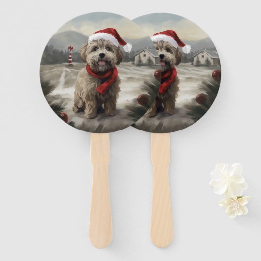 クリスマスの雪の中のヨーキプー犬 ハンドファン (正面&裏面)