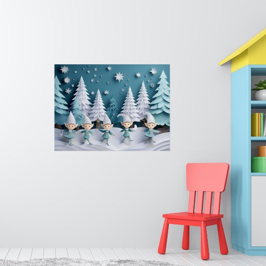 クリスマスの雪の中の切り絵のエルフ  ポスター (子ども部屋1)
