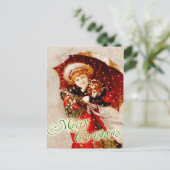 クリスマスの雪の中の小さな女の子と子犬 シーズンポストカード (スタンド正面)