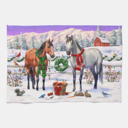 クリスマスの雪の中の馬 キッチンタオル (横)