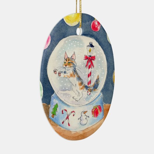 クリスマスの雪の地球のオーナメントの猫 セラミックオーナメント (右)