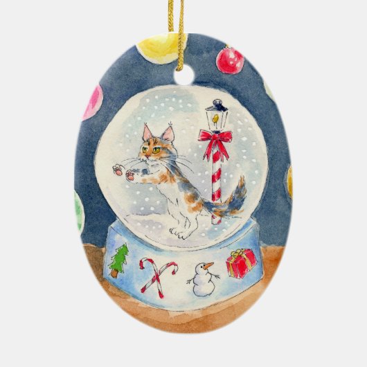 クリスマスの雪の地球のオーナメントの猫 セラミックオーナメント (裏面)