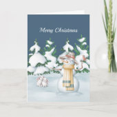 クリスマスの雪の女の子 ウサギ 樹木 雪 水彩画 シーズンカード (正面)