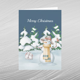 クリスマスの雪の女の子 ウサギ 樹木 雪 水彩画 シーズンカード