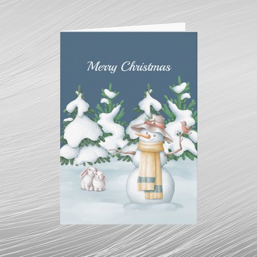 クリスマスの雪の女の子 ウサギ 樹木 雪 水彩画 シーズンカード