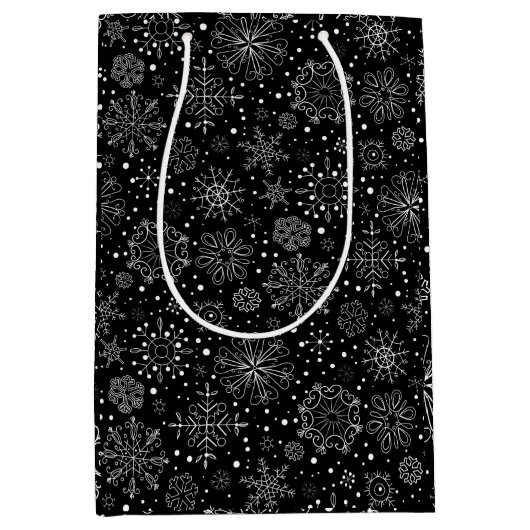 クリスマスの雪の模様（白黒） ミディアムペーパーバッグ (正面)