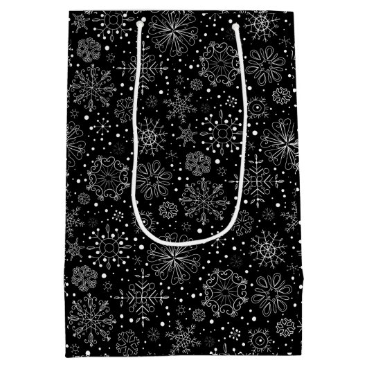 クリスマスの雪の模様（白黒） ミディアムペーパーバッグ (裏面)