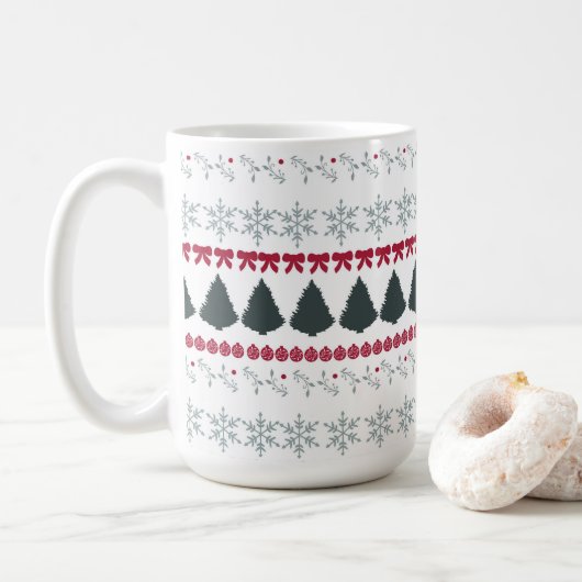 クリスマスの雪の結晶と木々 コーヒーマグカップ (ドーナツ)