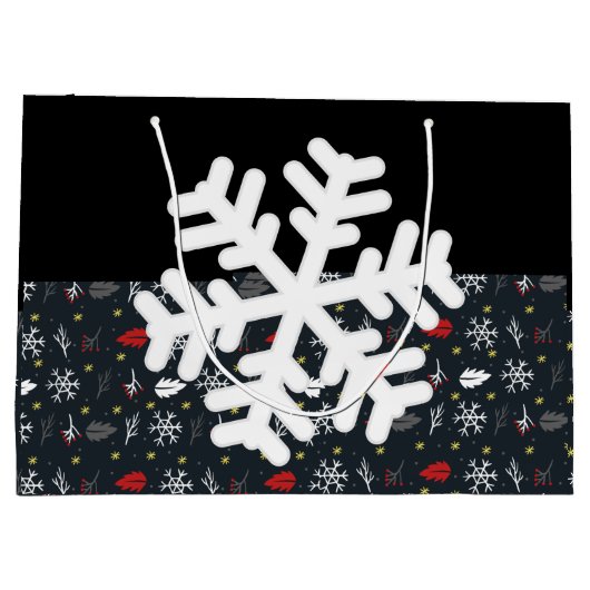 クリスマスの雪の結晶と葉のブラックティッシュペーパー ラージペーパーバッグ (裏面)