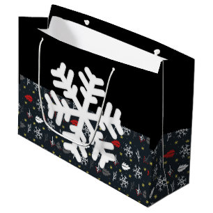 クリスマスの雪の結晶と葉のブラックティッシュペーパー ラージペーパーバッグ