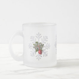 クリスマスの雪の結晶と赤い実 フロストグラスマグカップ