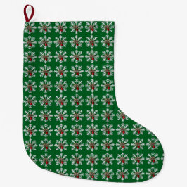 クリスマスの雪の結晶と赤い実 ラージクリスマスストッキング