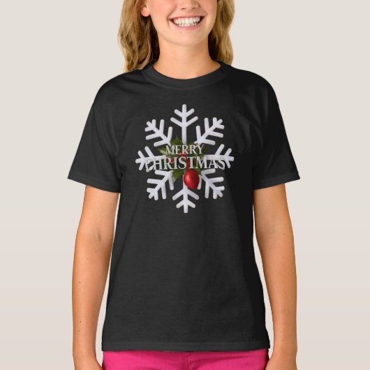 クリスマスの雪の結晶と赤い実 Tシャツ (正面)