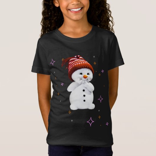 クリスマスの雪の結晶のギフトと可愛い雪だるま Tシャツ (正面)