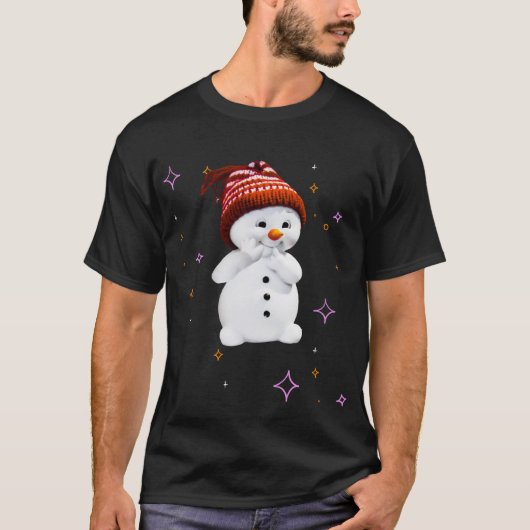 クリスマスの雪の結晶のギフトと可愛い雪だるま Tシャツ (正面)