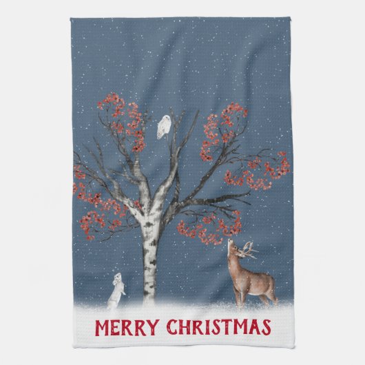 クリスマスの雪の結晶の中の冬の野生生物 キッチンタオル (縦)