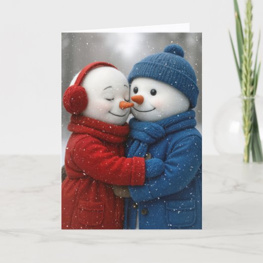 クリスマスの雪の結晶の中の雪だるまカップル カード (正面)
