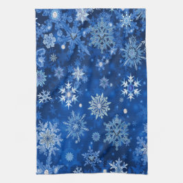 クリスマスの雪の結晶ブルーとシルバー キッチンタオル