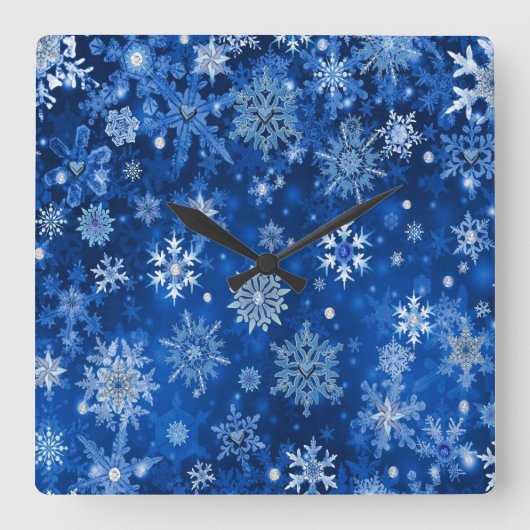 クリスマスの雪の結晶 ブルーとシルバー スクエア壁時計 (正面)