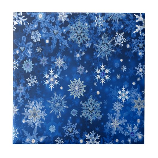 クリスマスの雪の結晶 ブルーとシルバー タイル (正面)