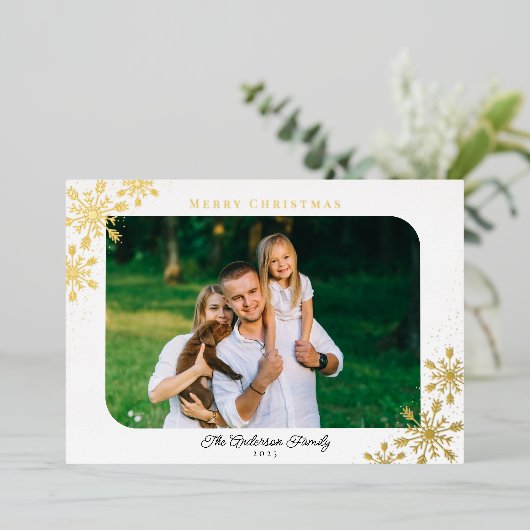 クリスマスの雪の結晶 横向き写真 ゴールド 箔シーズンカード (立ち正面)