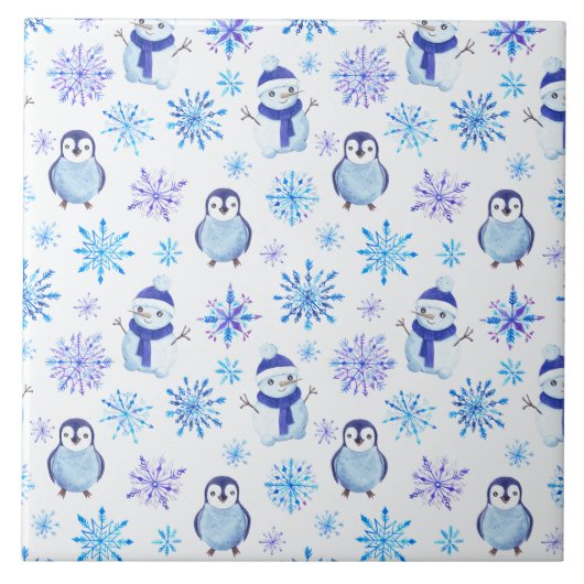 クリスマスの雪の結晶、雪だるま、ペンギン タイル (正面)