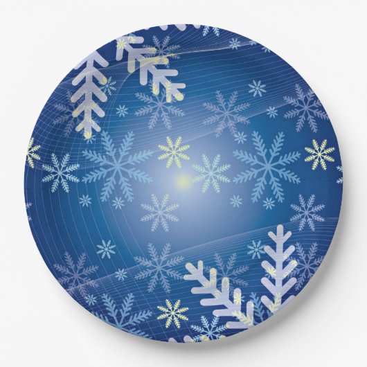 クリスマスの雪の結晶 - 青い背景の紙皿 ペーパープレート (正面)