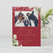 クリスマスの雪の花のゴールドとレッドの写真 シーズンカード (スタンド正面)
