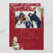 クリスマスの雪の花のゴールドとレッドの写真 シーズンカード (正面/裏面)