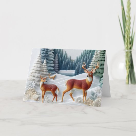 クリスマスの雪景色と鹿 ホリデーカード (正面)