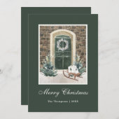 クリスマスの雪景色のドア ダークグリーン シーズンカード (正面/裏面)