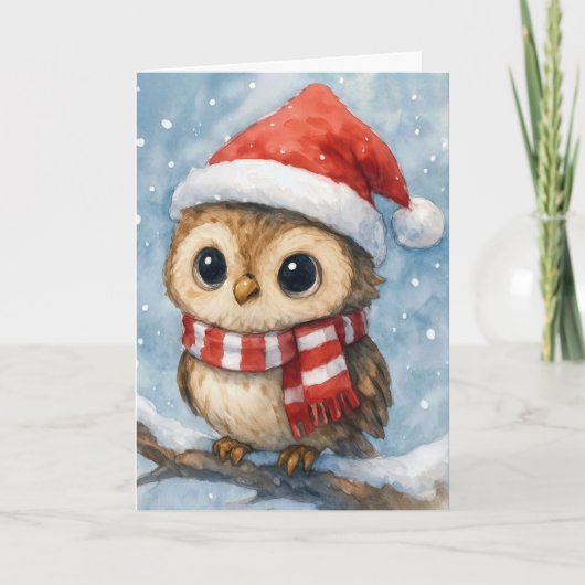 クリスマスの雪片に佇むフクロウ カード (正面)