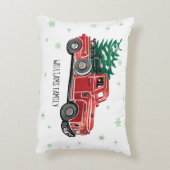 クリスマスの雪片のモノグラムが付いている赤いヴィンテージのトラック アクセントクッション (裏面(縦))